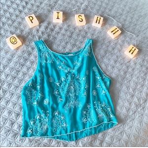 Forever 21 I Love H81 Blue Beaded Crop Top